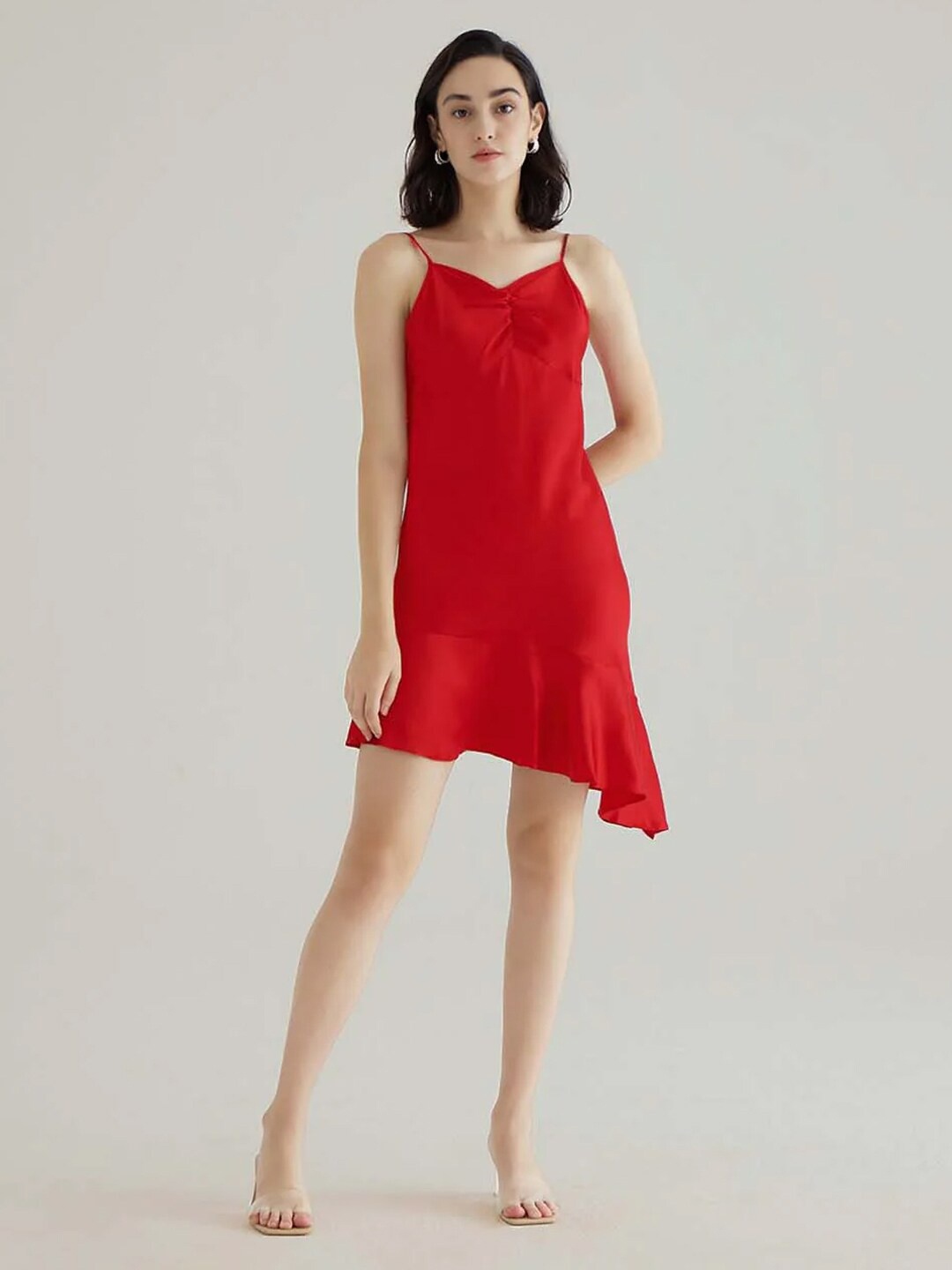 

Styched Shoulder Straps Asymmetric Satin Dress, Red