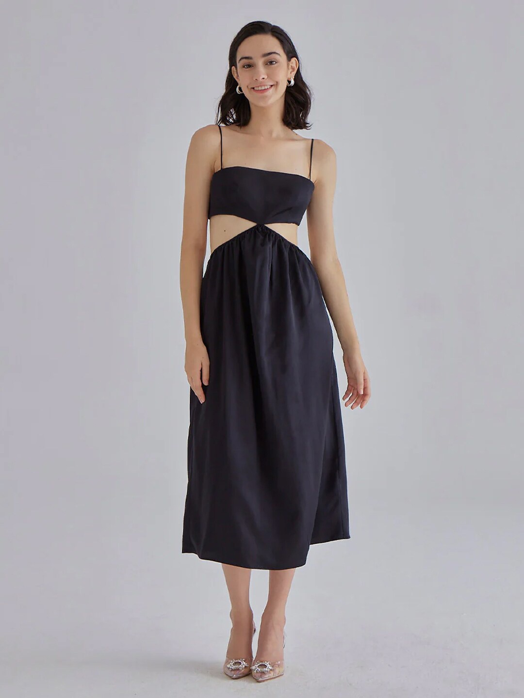 

Styched Shoulder Straps Cut Outs Detail A-Line Dress, Black