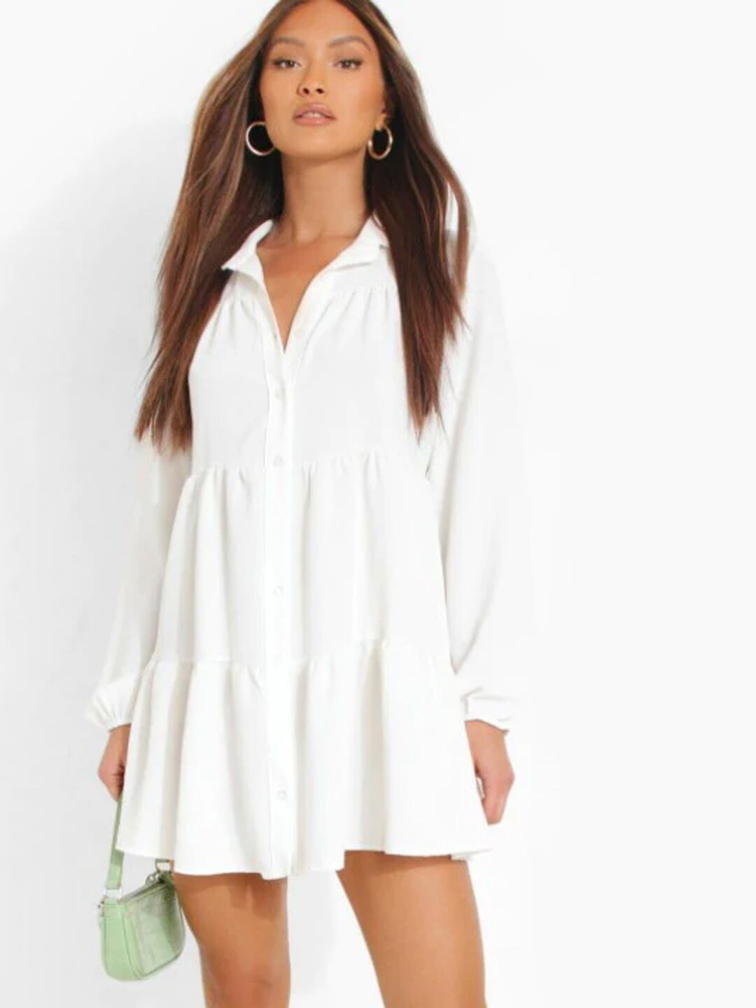 

Styched Puff Sleeves Shirt Mini Dress, White