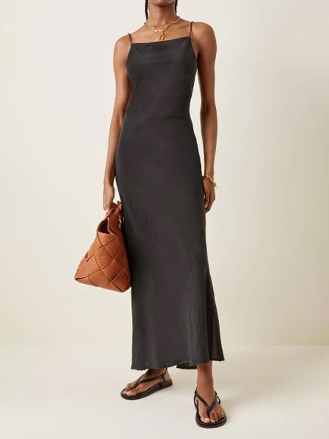 

Styched Sleeveless Tie Up Back Fit & Flare Maxi Length Slip Dress, Black