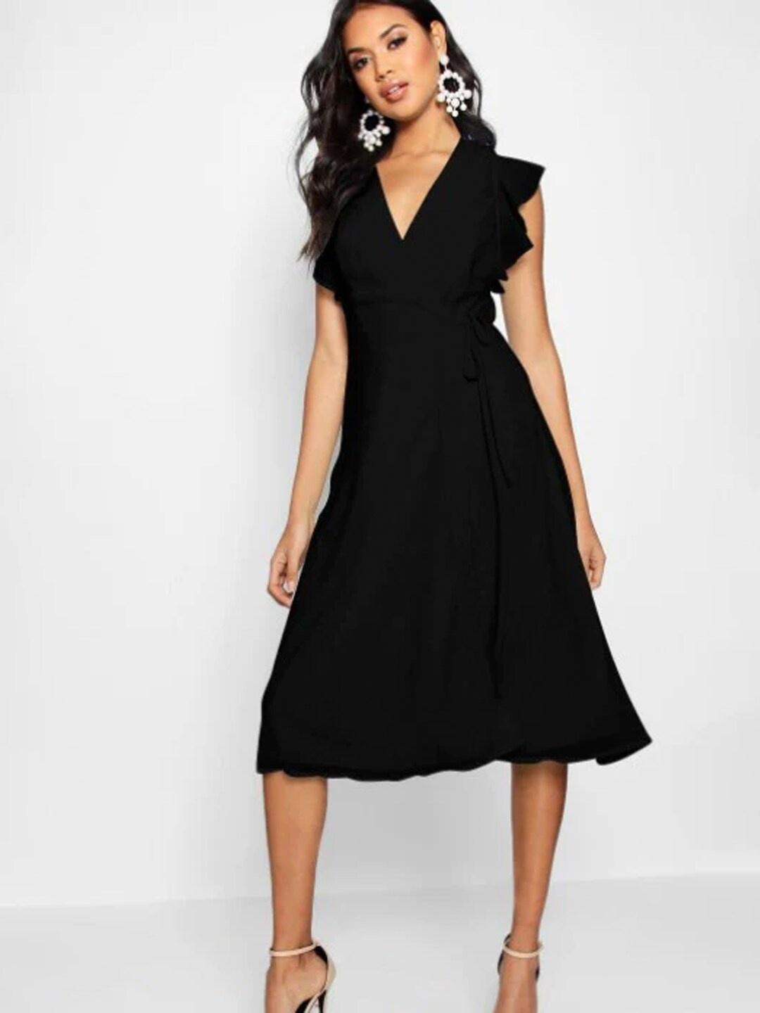 

Styched V Neck Flutter Sleeves Tie Up Georgette Fit & Flare Dress, Black