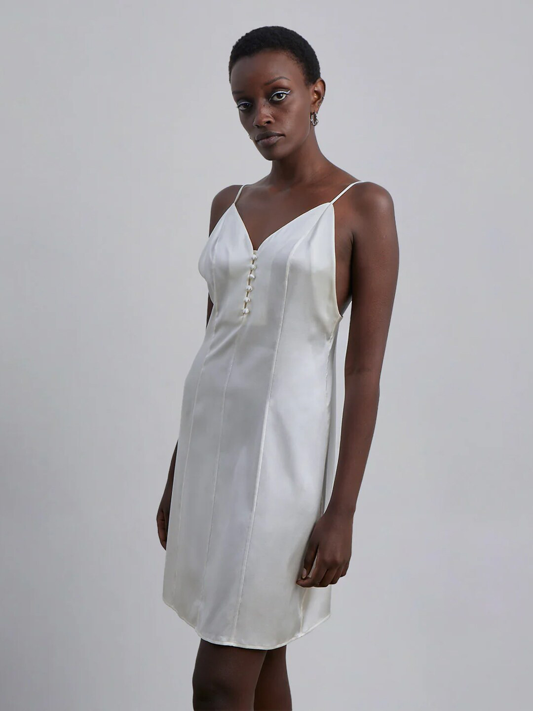 

Styched V-Neck Sleeveless A-Line Slip Dress, White