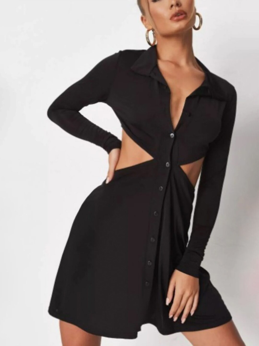 

Styched Cut-Out Shirt Collar Button-Down Shirt Dress, Black