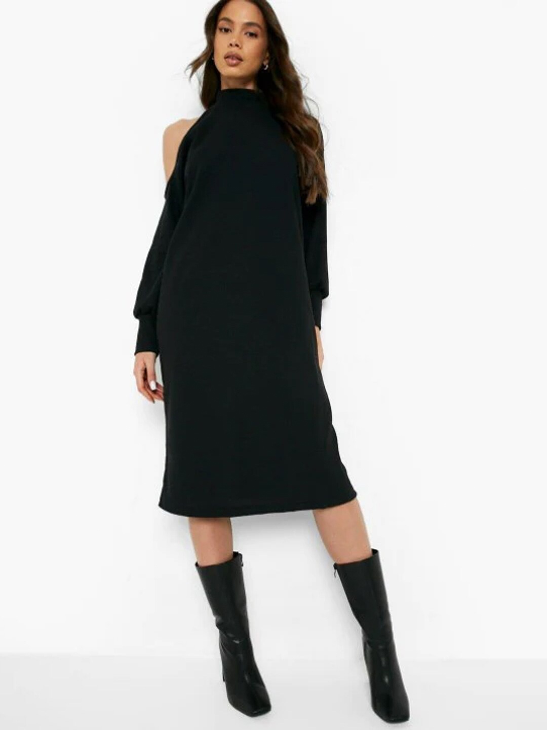 

Styched Halter Neck Cold-Shoulder Sleeves A-Line Dress, Black