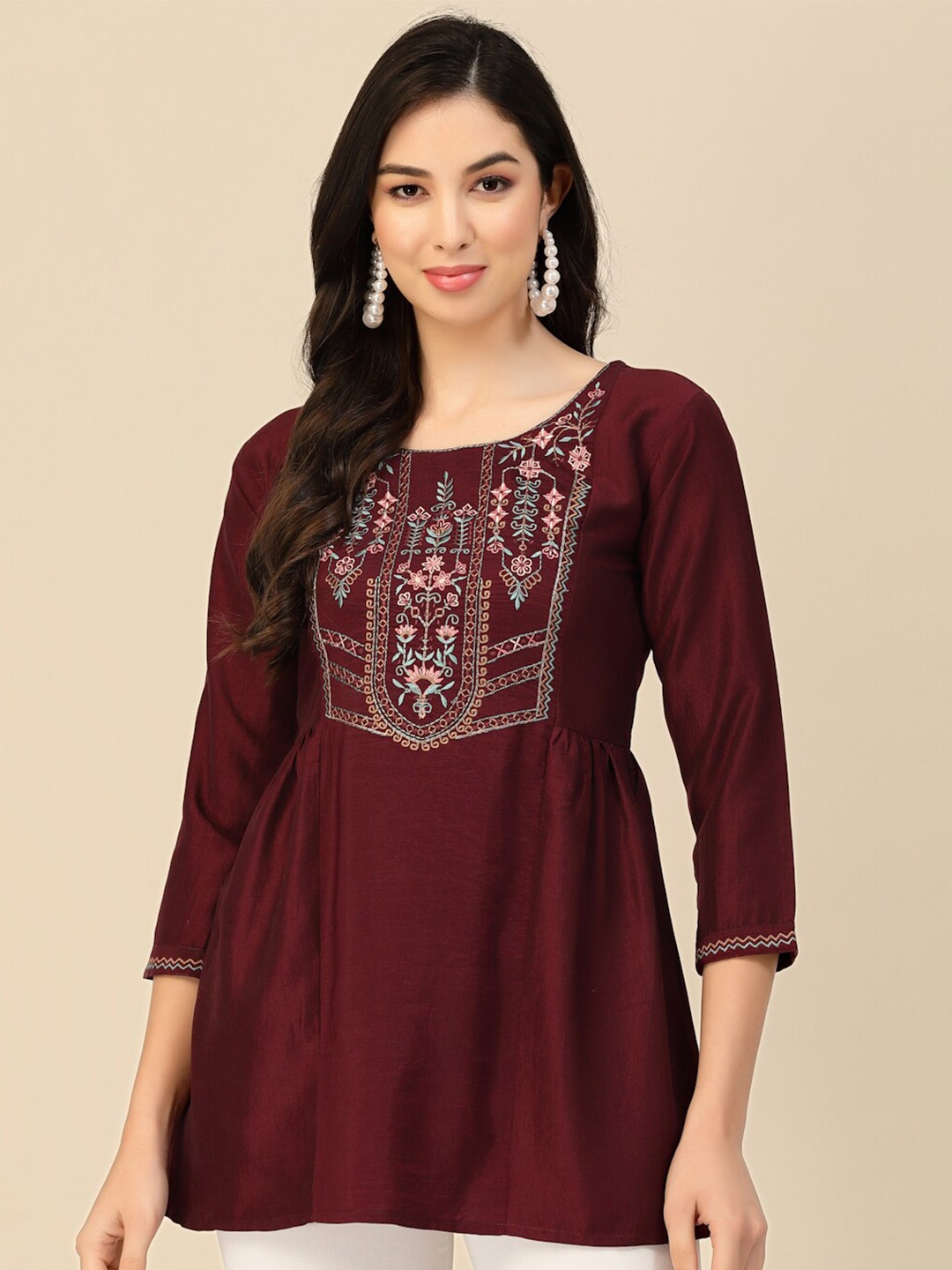 

Sangria Floral Embroidered A-Line Kurti, Maroon