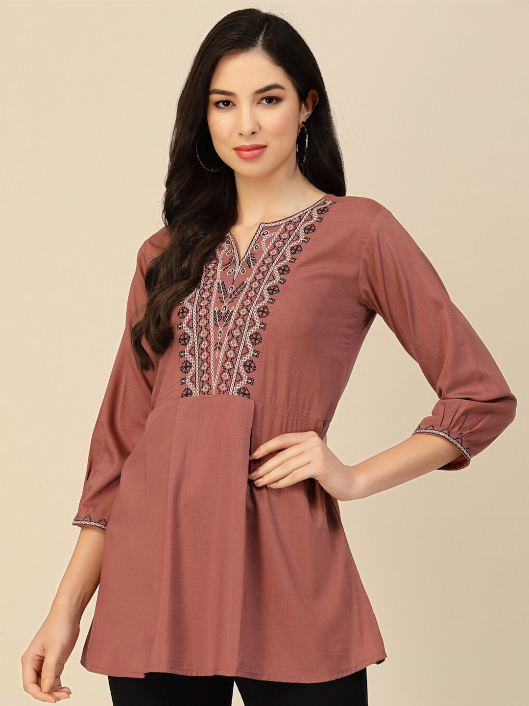 

Sangria Floral Embroidered A-Line Kurti, Brown