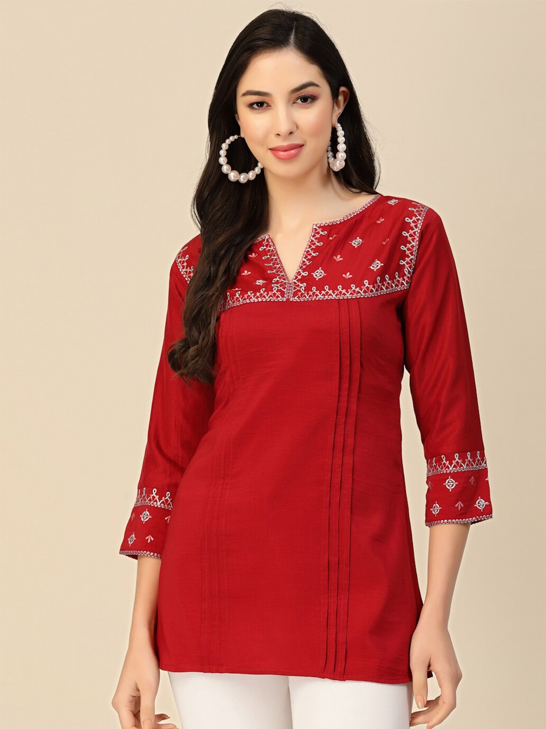 

Sangria Floral Embroidered A-Line Kurti, Red
