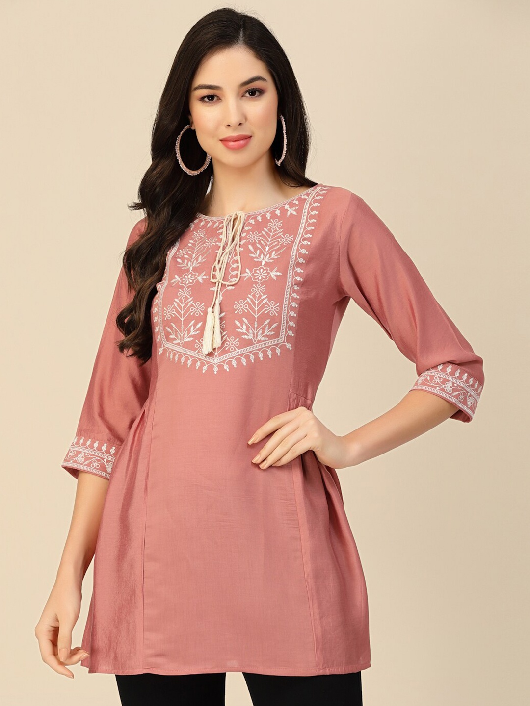 

Sangria Floral Embroidered Tie-Up Neck Longline Top, Peach