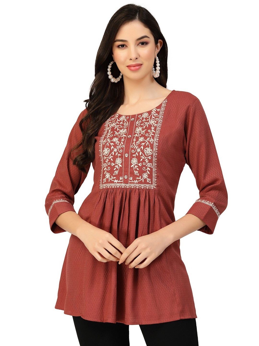 

Nimayaa Floral Embroidered Round Neck Gathered Tunic, Brown