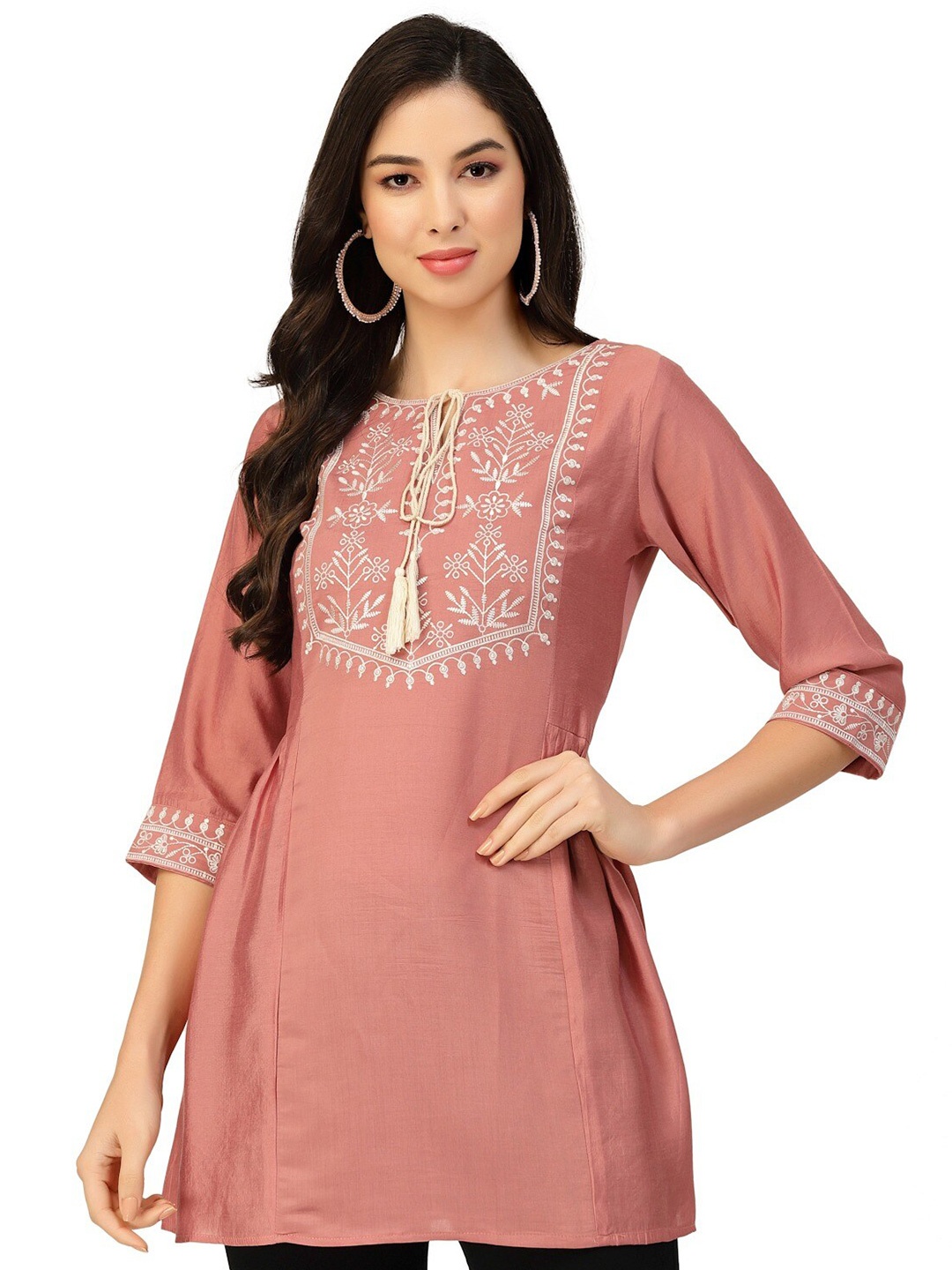 

Nimayaa Tie Up Neck Embroidered Detail A-Line Top, Peach