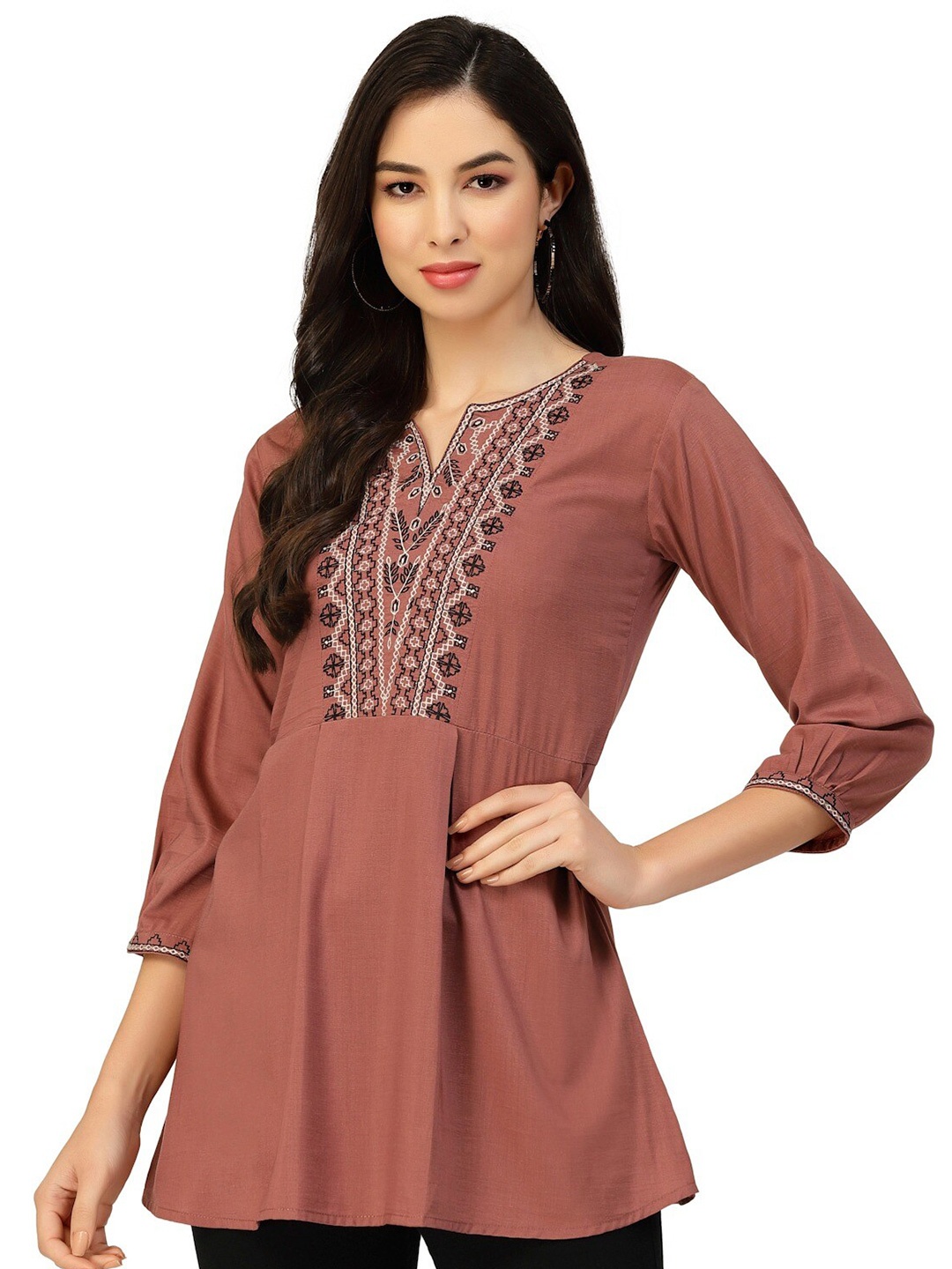 

Nimayaa Notch Neck Embroidered Detail A-Line Top, Brown
