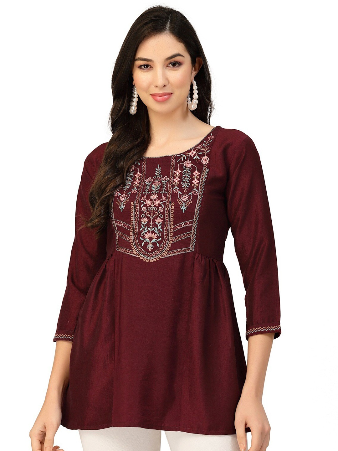 

Nimayaa Floral Embroidered Round Neck Gathered Tunic, Maroon