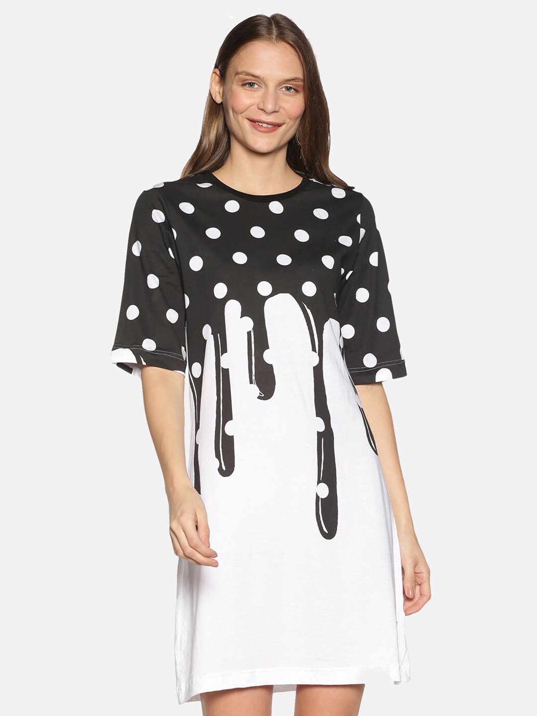 

KULTPRIT Graphic Printed Round Neck Mini Length Pure Cottom T-Shirt Dress, White