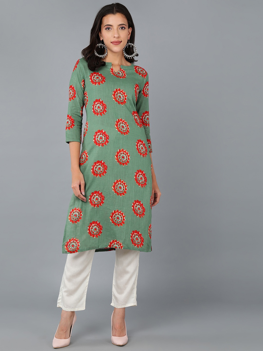

AHIKA Floral Printed Keyhole Neck Cotton Kurta, Green