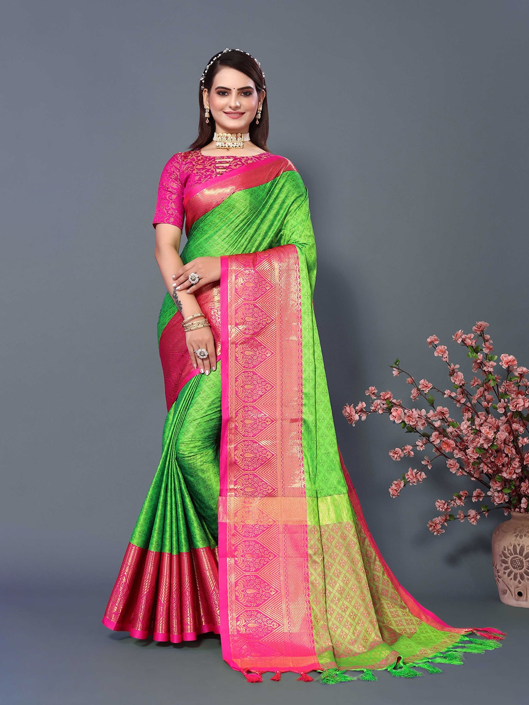 

Mitera Woven Design Zari Silk Cotton Banarasi Saree, Green