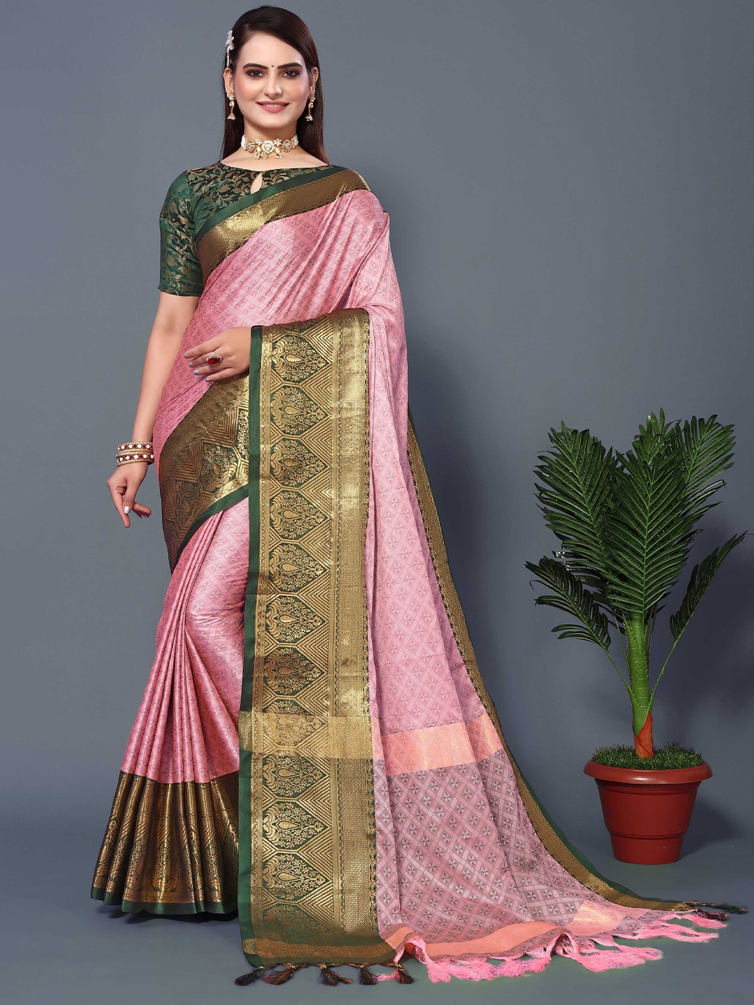

Mitera Woven Design Zari Silk Cotton Banarasi Saree, Pink
