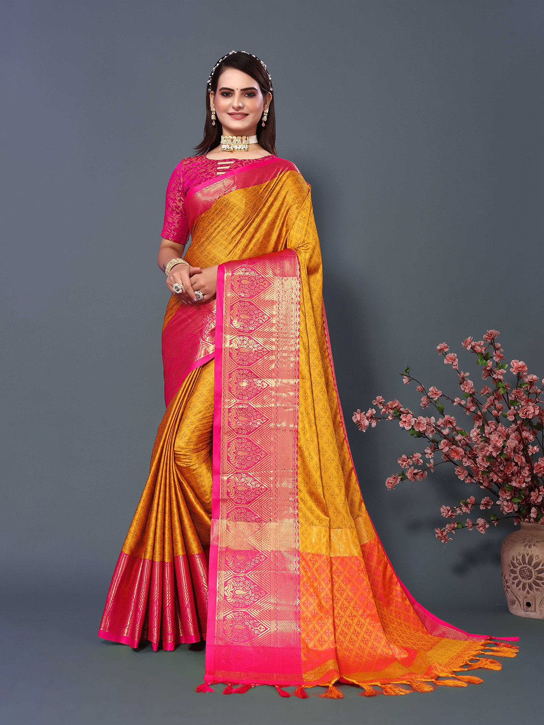 

Mitera Mustard & Magenta Woven Design Zari Silk Cotton Banarasi Saree
