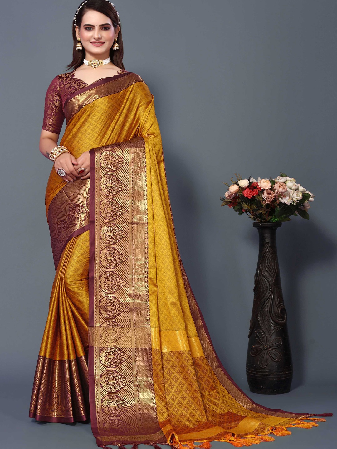 

Mitera Woven Design Zari Silk Cotton Banarasi Saree, Mustard