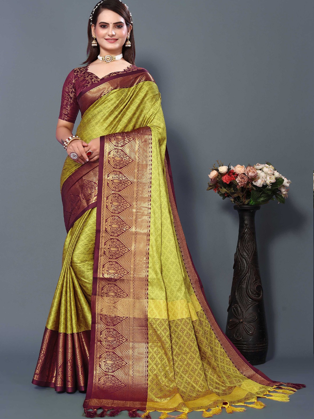 

Mitera Ethnic Motifs Woven Design Zari Silk Cotton Banarasi Saree, Olive