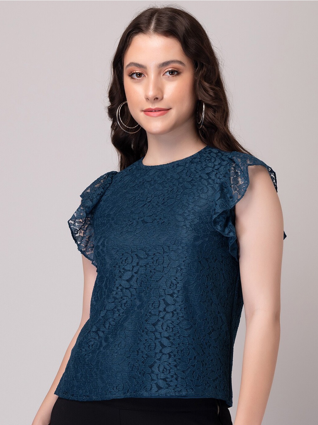 

FabAlley Teal Self Design Round Neck Flutter Sleeve Regular Lace Top