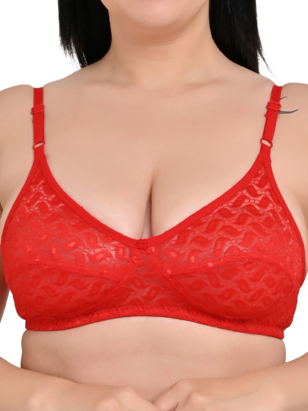 

Piylu Pack Of 3 Floral Medium Coverage Cotton Bralette Bra All Day Comfort, Red
