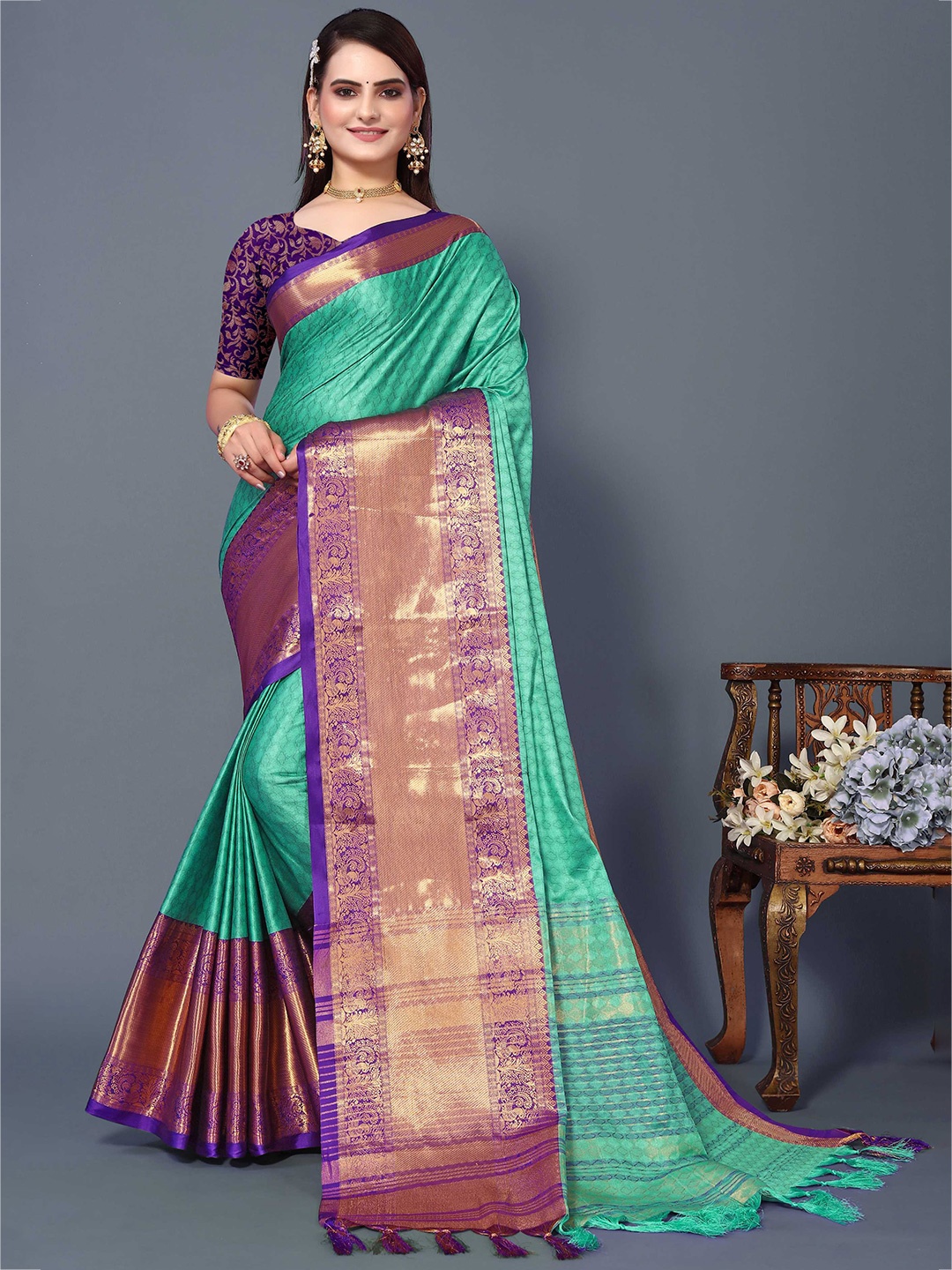 

Mitera Woven Design Zari Silk Cotton Banarasi Saree, Teal