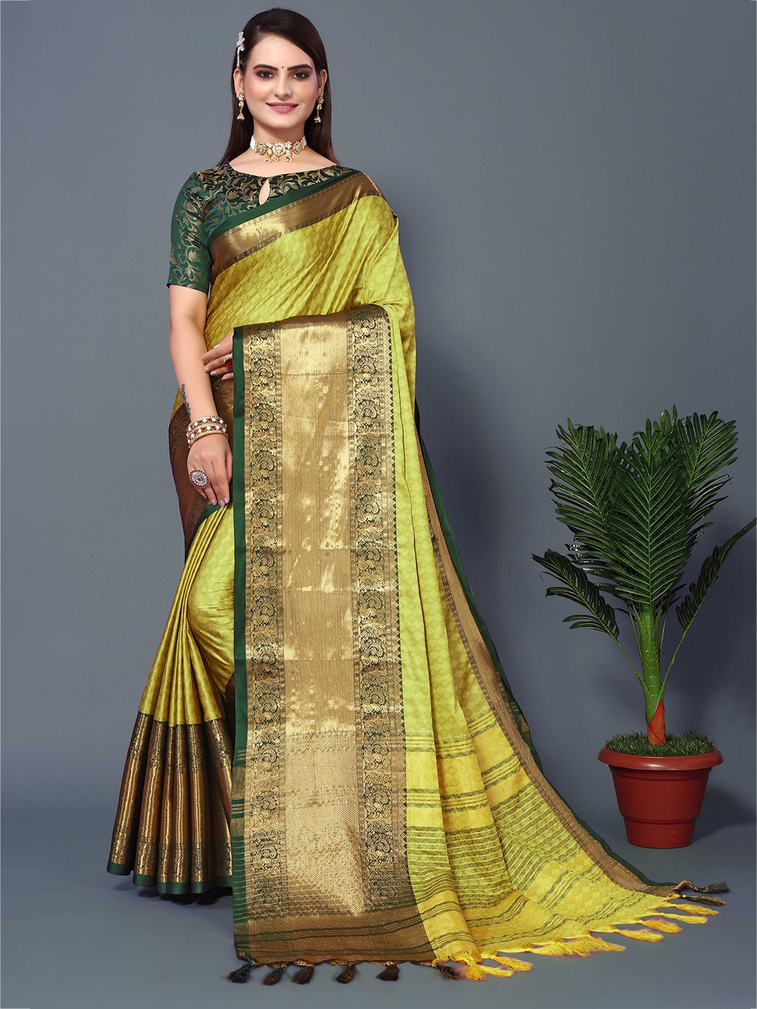 

Mitera Ethnic Motif Woven Design Zari Silk Cotton Banarasi Saree, Olive