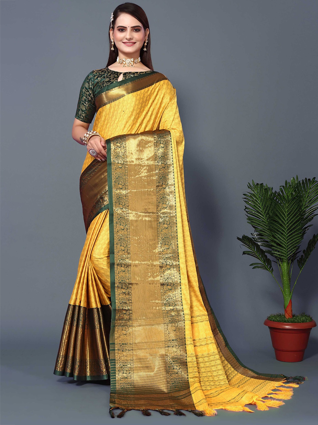 

Mitera Yellow & Green Ethnic Motifs Woven Design Zari Silk Cotton Banarasi Saree