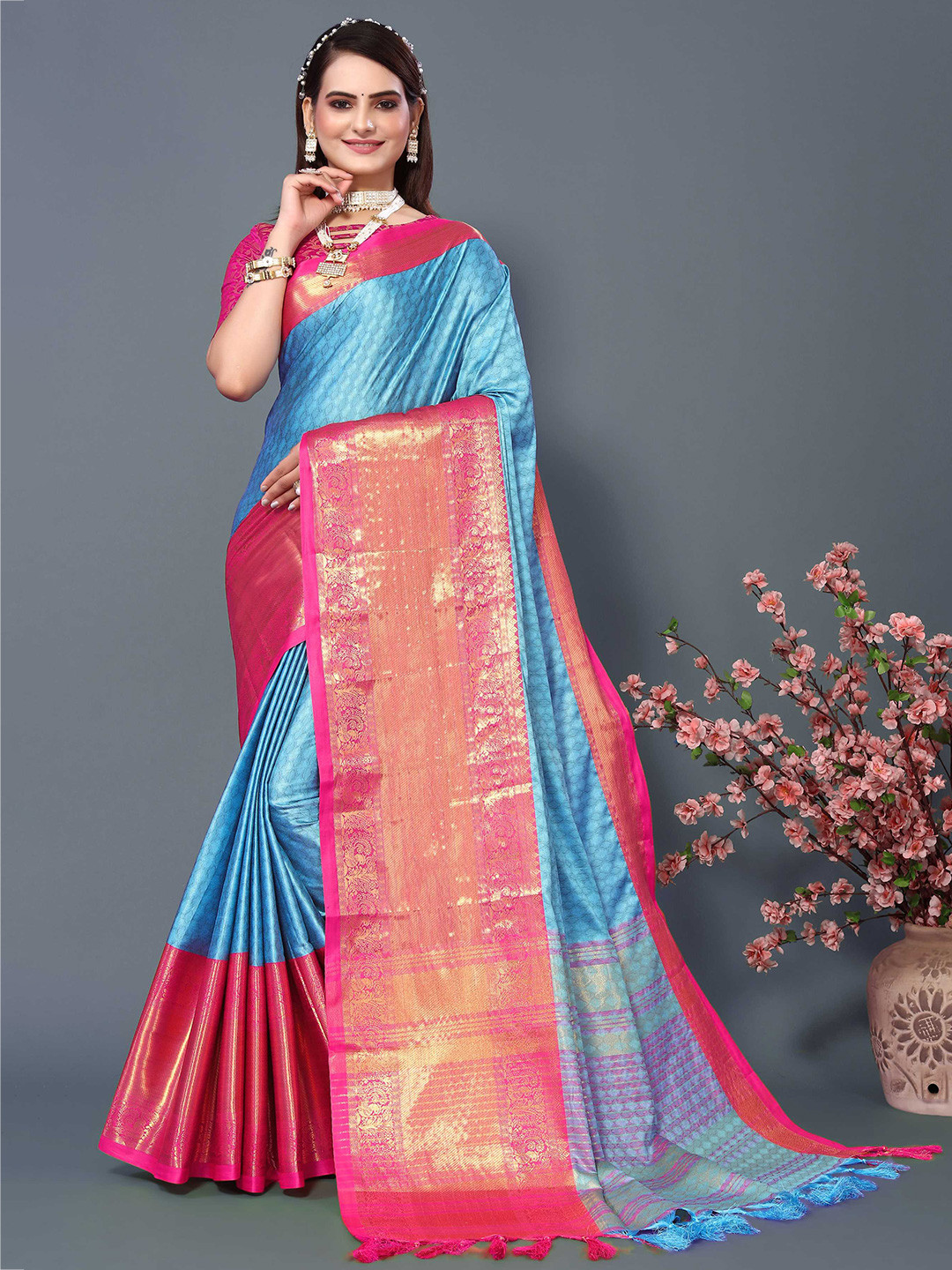 

Mitera Ethnic Woven Design Zari Silk Cotton Banarasi Saree, Blue