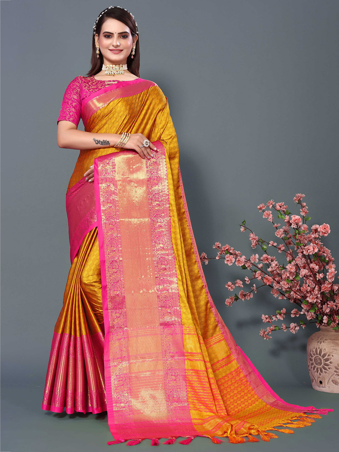 

Mitera Ethnic Woven Design Zari Silk Cotton Banarasi Saree, Mustard