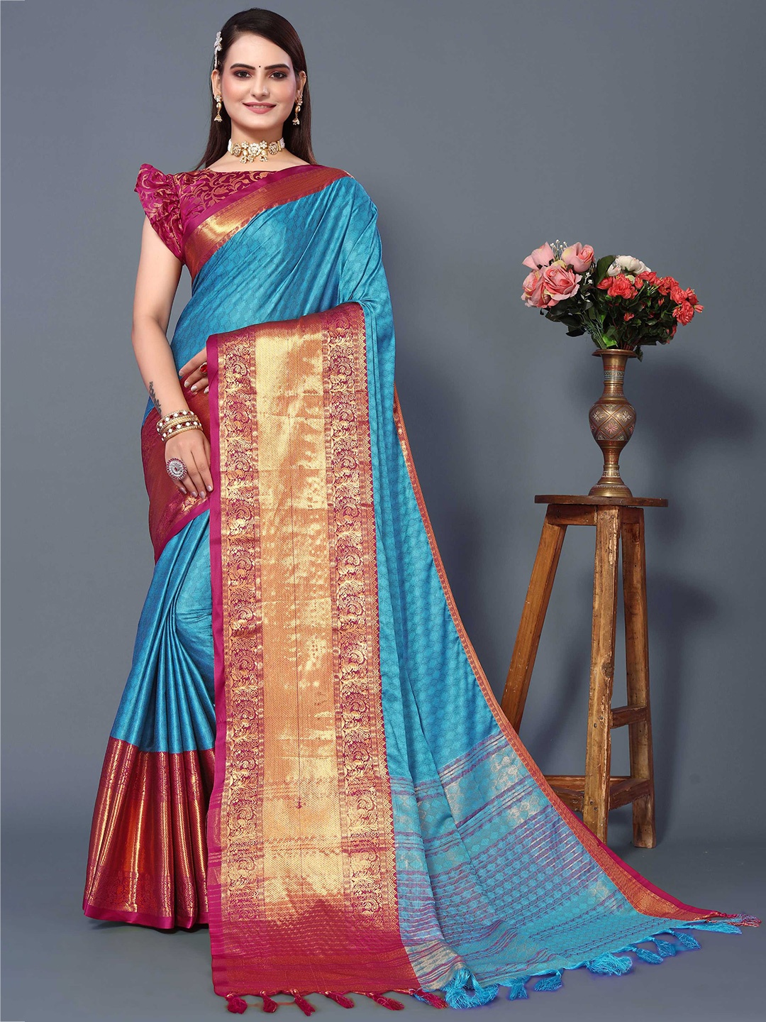 

Mitera Woven Design Zari Silk Cotton Banarasi Saree, Blue
