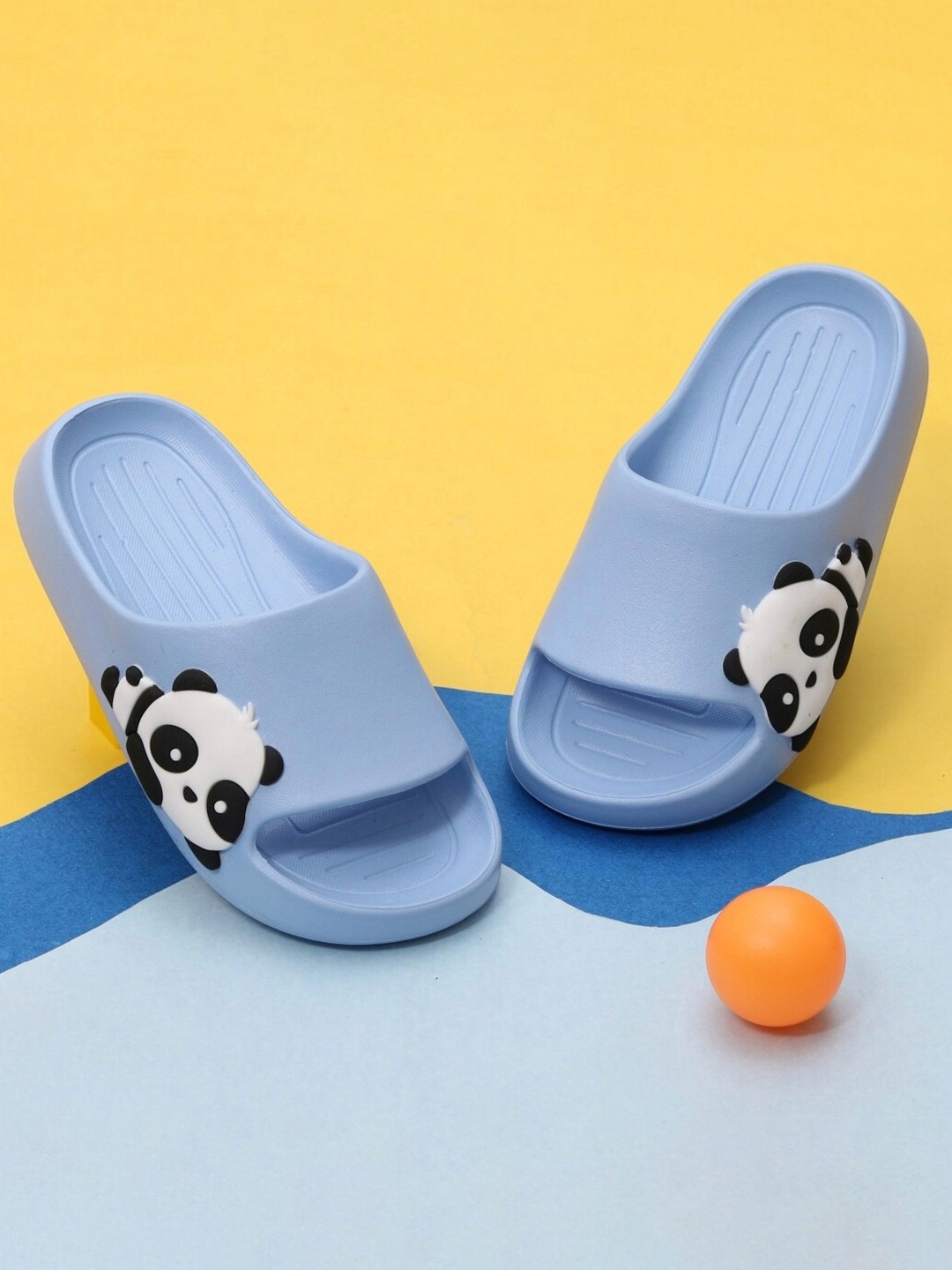 

Yellow Bee Girls Panda Detail Rubber Sliders, Blue