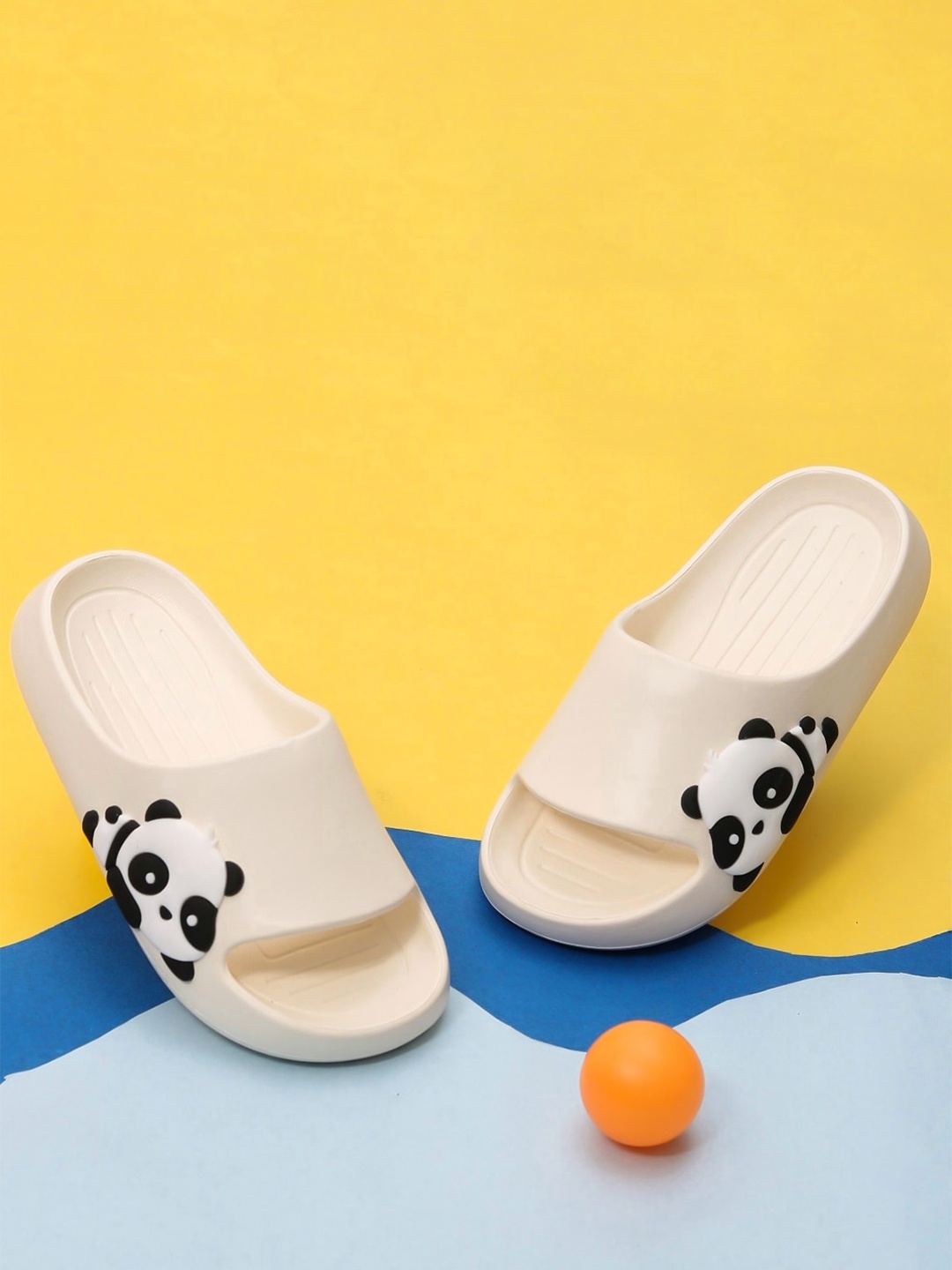 

Yellow Bee Girls Panda Embossed Rubber Sliders, Cream