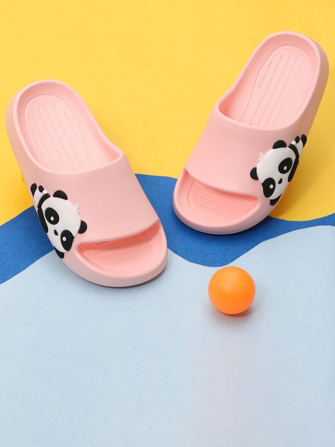 

Yellow Bee Girls Panda Embossed Rubber Sliders, Peach