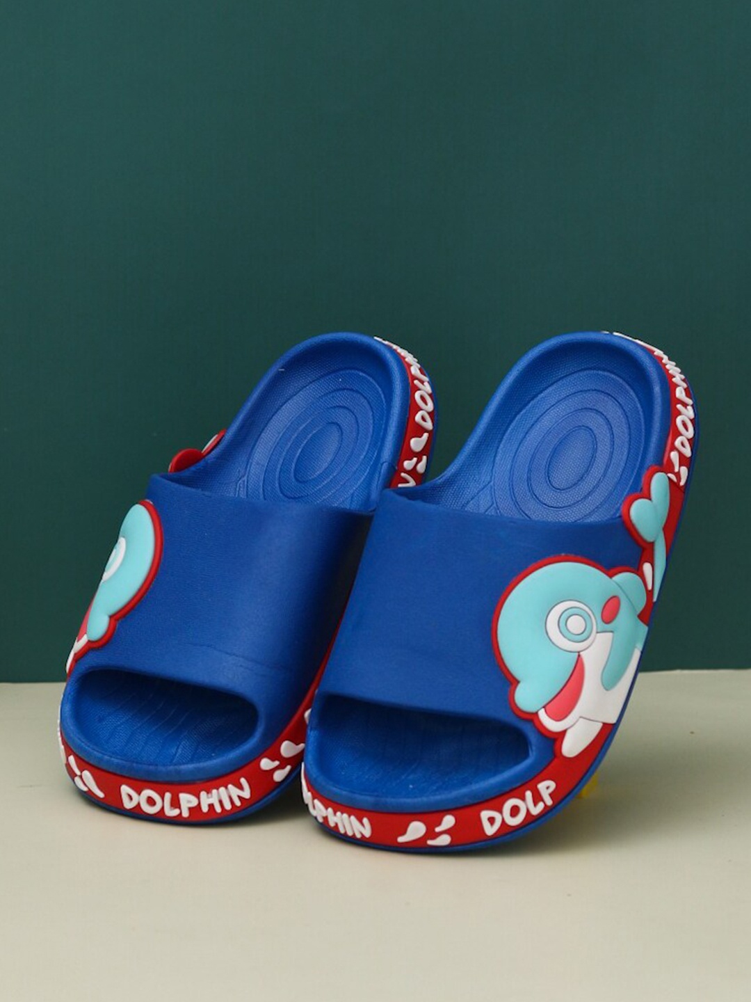 

Yellow Bee Boys Dolphin Embossed Rubber Sliders, Blue