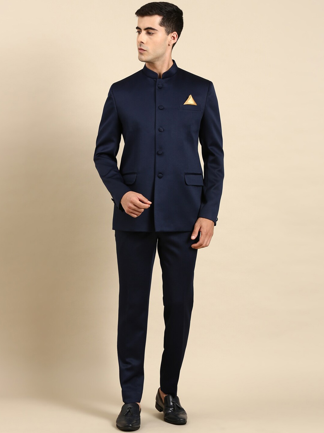 

TheEthnic.Co 2 Piece Self-Design Bandhgala Suit, Navy blue
