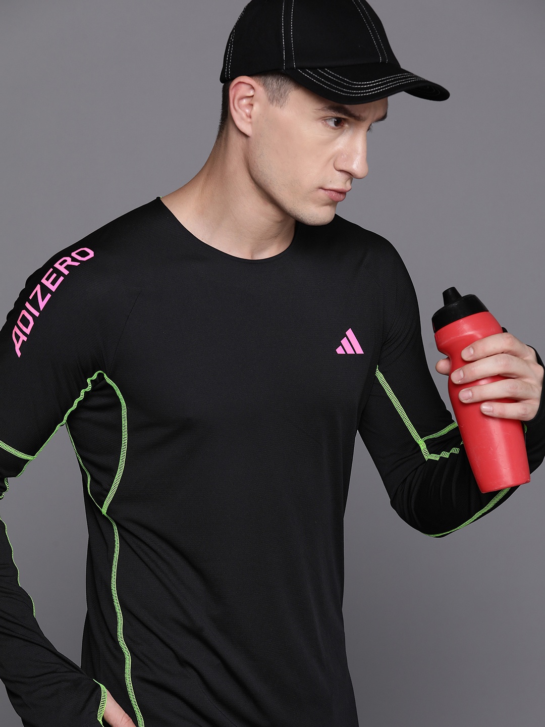 ADIDAS ADIZERO L LS M Brand Logo Print Detail Aeroready Running T-shirt, Black