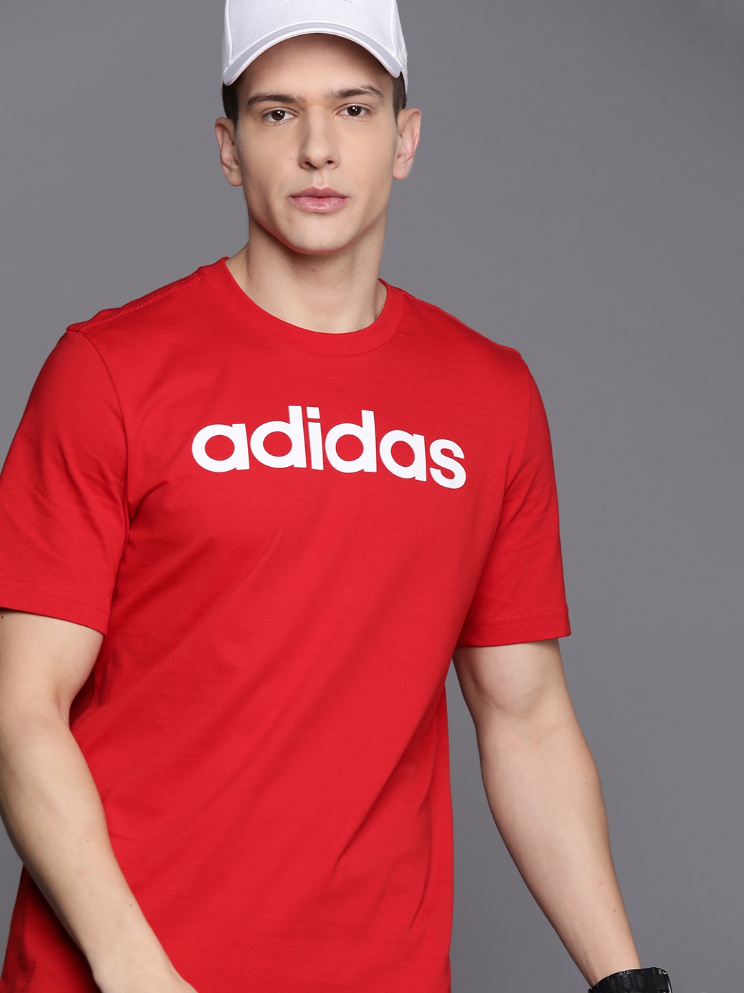 ADIDAS Men LIN SJ Printed Pure Cotton T-shirt, Red