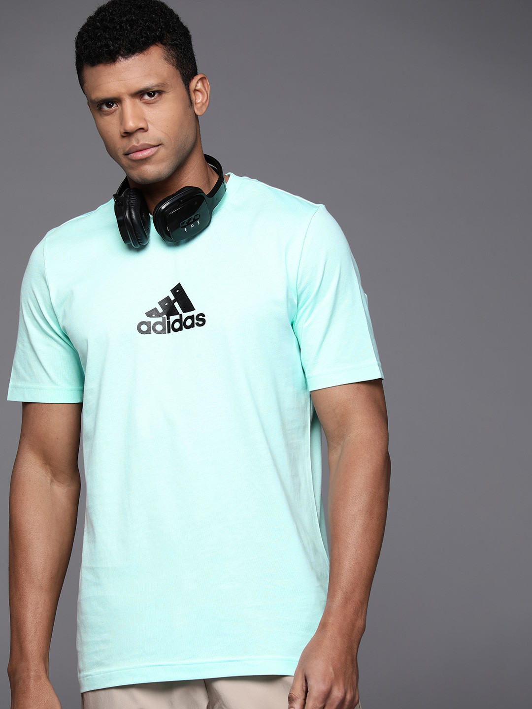 

ADIDAS Men Brand Logo Printed Pure Cotton Trim T-shirt, Blue