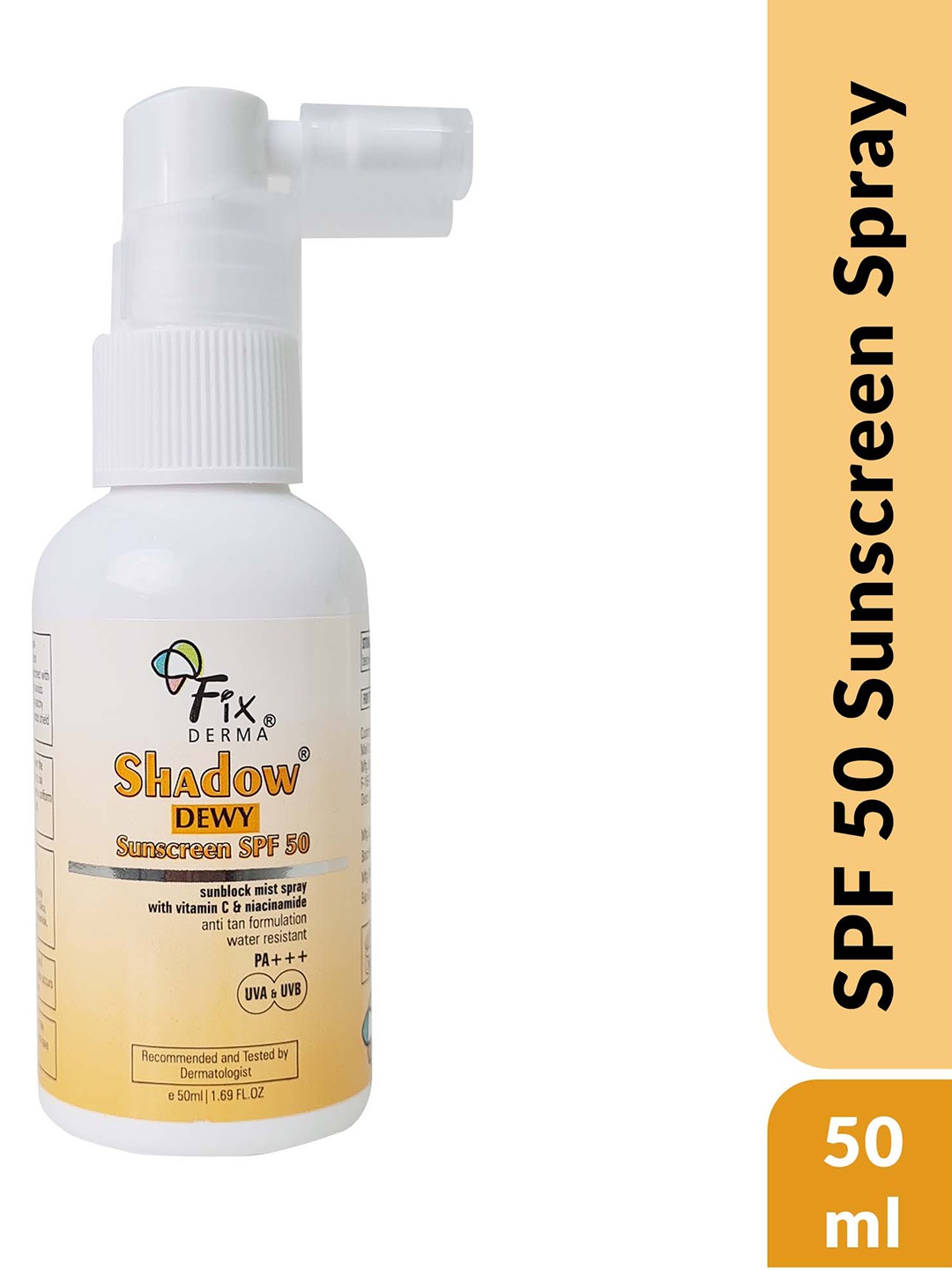 

FIXDERMA Shadow Dewy SPF 50 Sunscreen Mist Spray with Vitamin C & Niacinamide - 50 ml, White