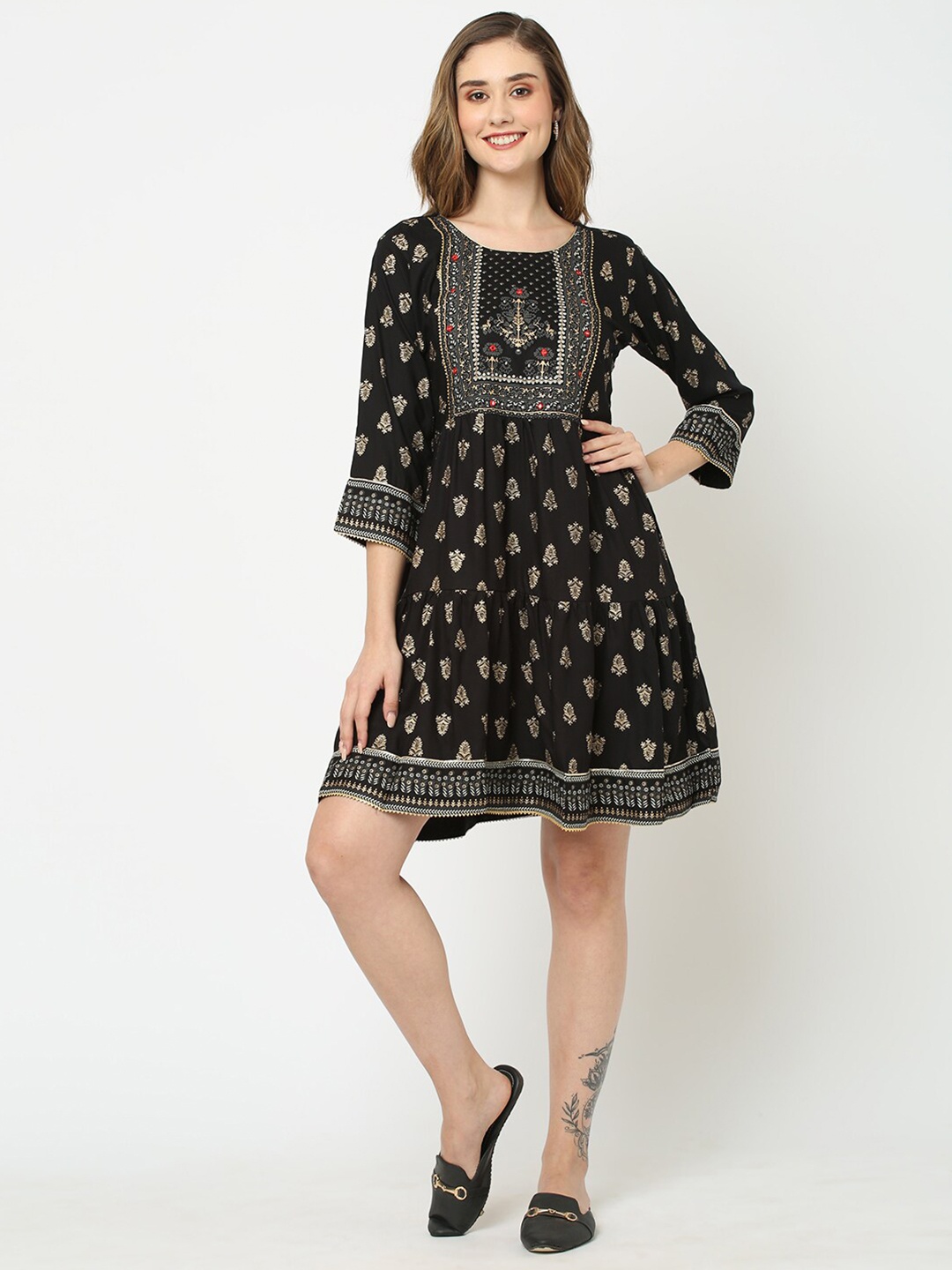 

Kiana House Of Fashion Ethnic Motifs Printed Round Neck A-Line Dress, Black