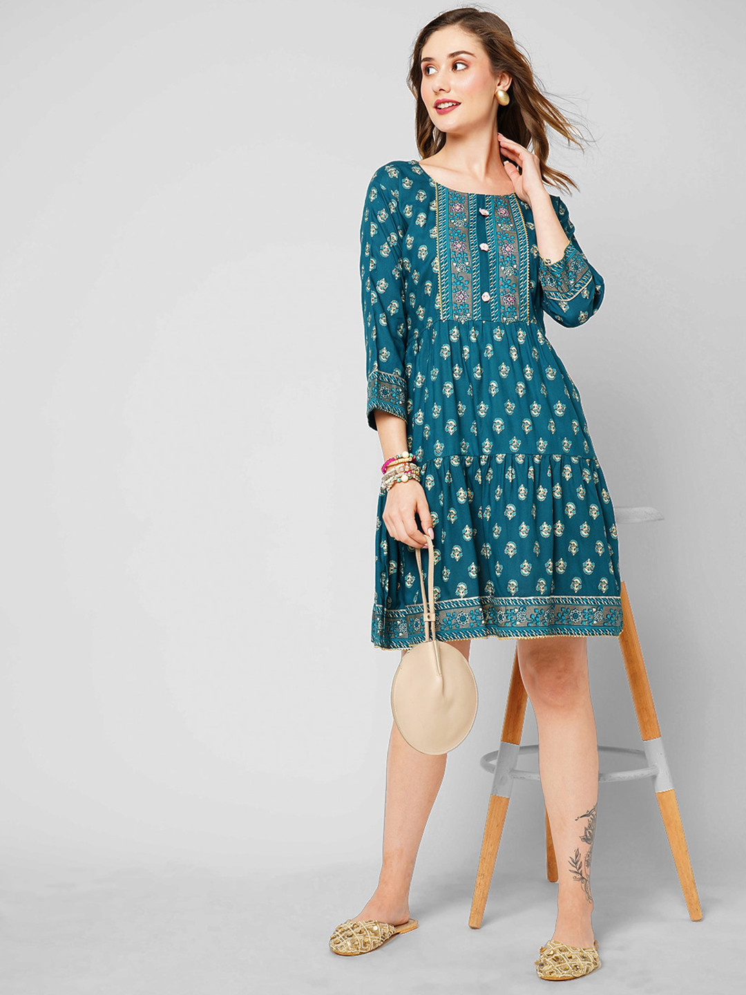 

Kiana House Of Fashion Ethnic Motifs Printed Gotta Patti Gathered Fit & Flare Ethnic Dress, Blue