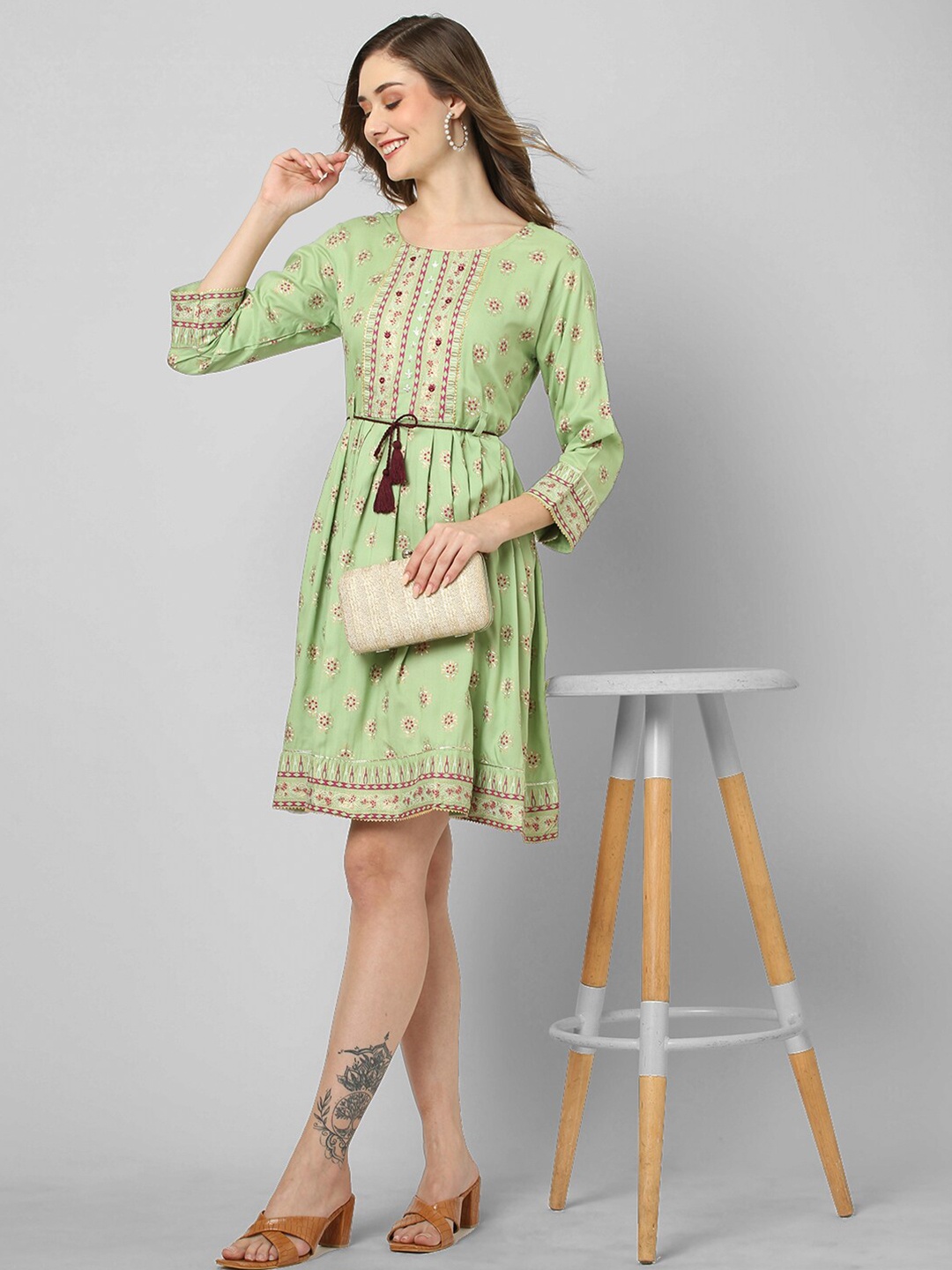 

Kiana House Of Fashion Ethnic Motifs Printed Gotta Patti Gathered Fit & Flare Ethnic Dress, Green