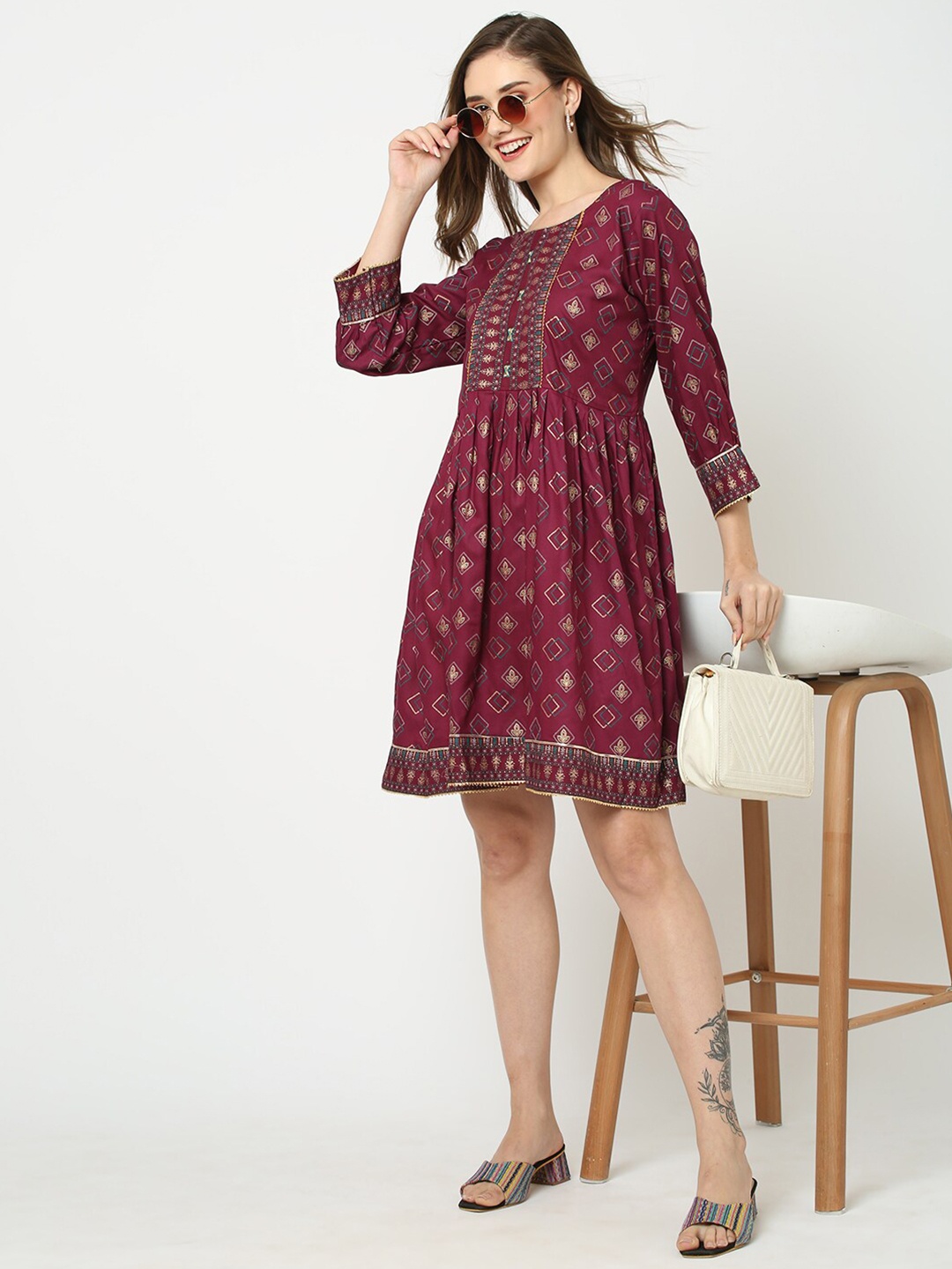 

Kiana Ethnic Motifs Printed Gotta Patti Gathered Fit & Flare Ethnic Dress, Maroon