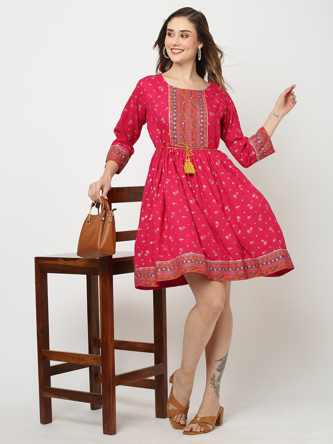 

Kiana House Of Fashion Ethnic Motifs Printed Round Neck A-Line Dress, Pink