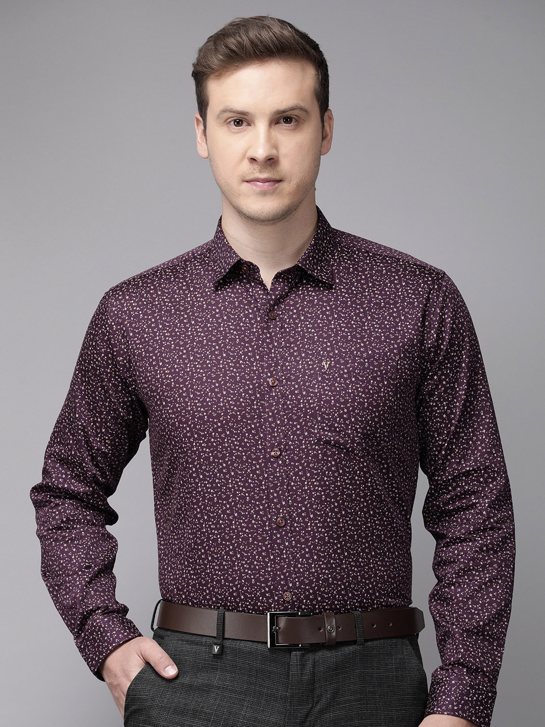 

V Dot Pure Cotton Slim Fit Micro Ditsy Floral Printed Formal Shirt, Purple