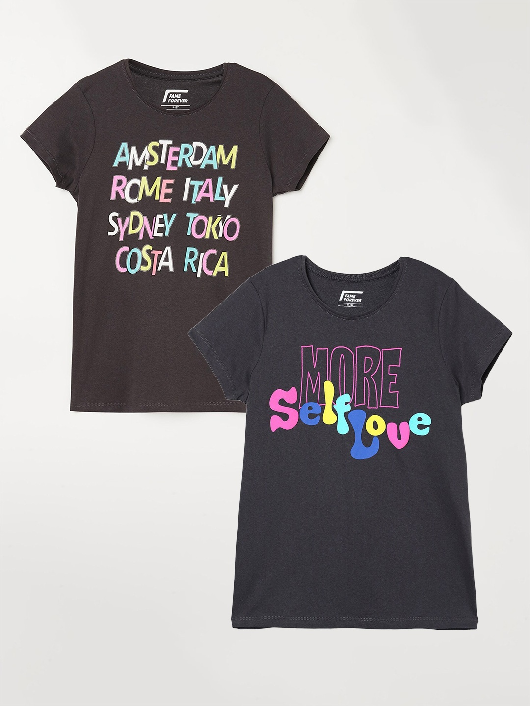 

Fame Forever by Lifestyle Girls Pack Of 2 Typography Printed Cotton T-Shirts, Grey