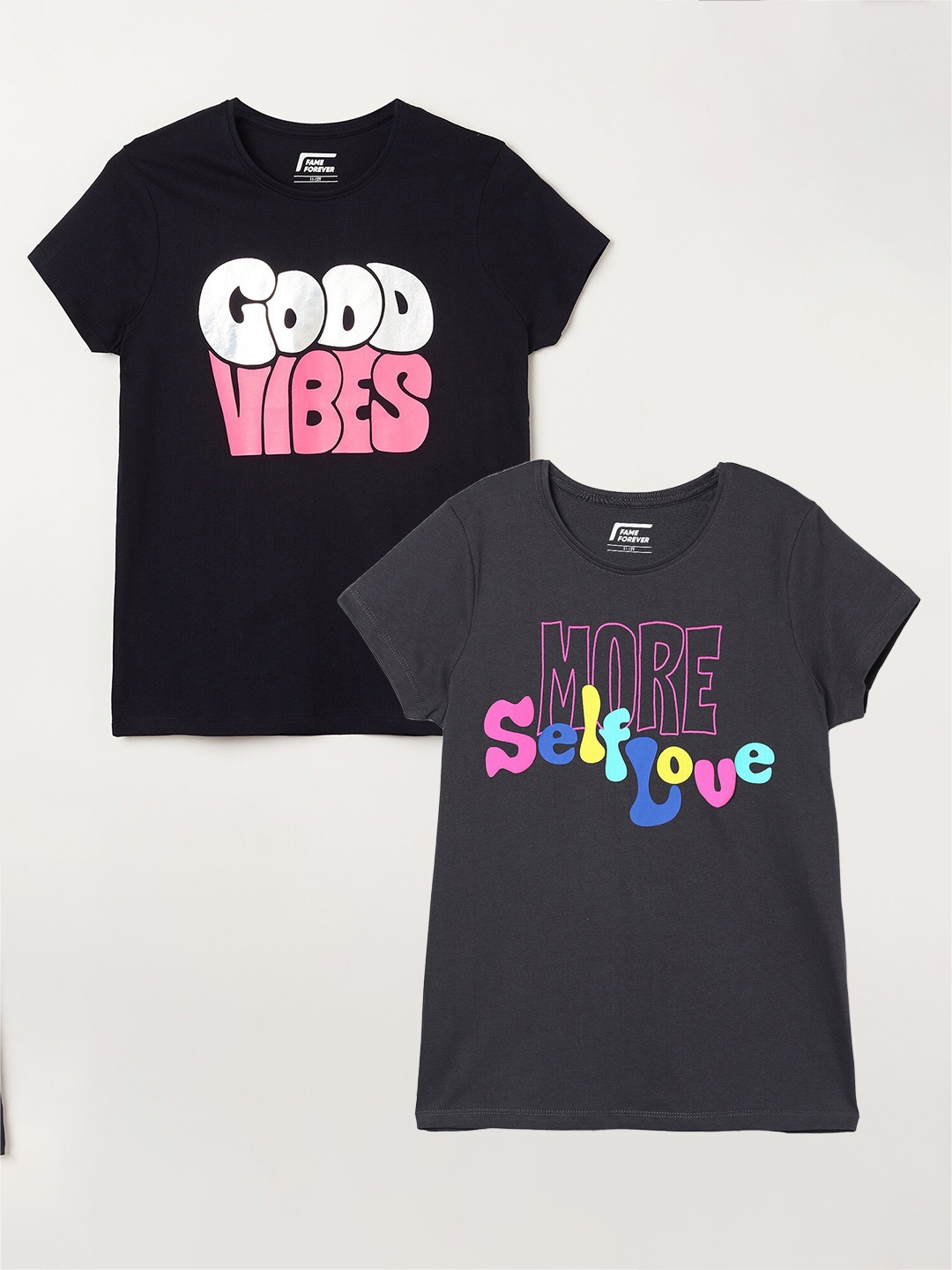 

Fame Forever by Lifestyle Girls Pack Of 2 Typography Printed Cotton T-Shirts, Grey