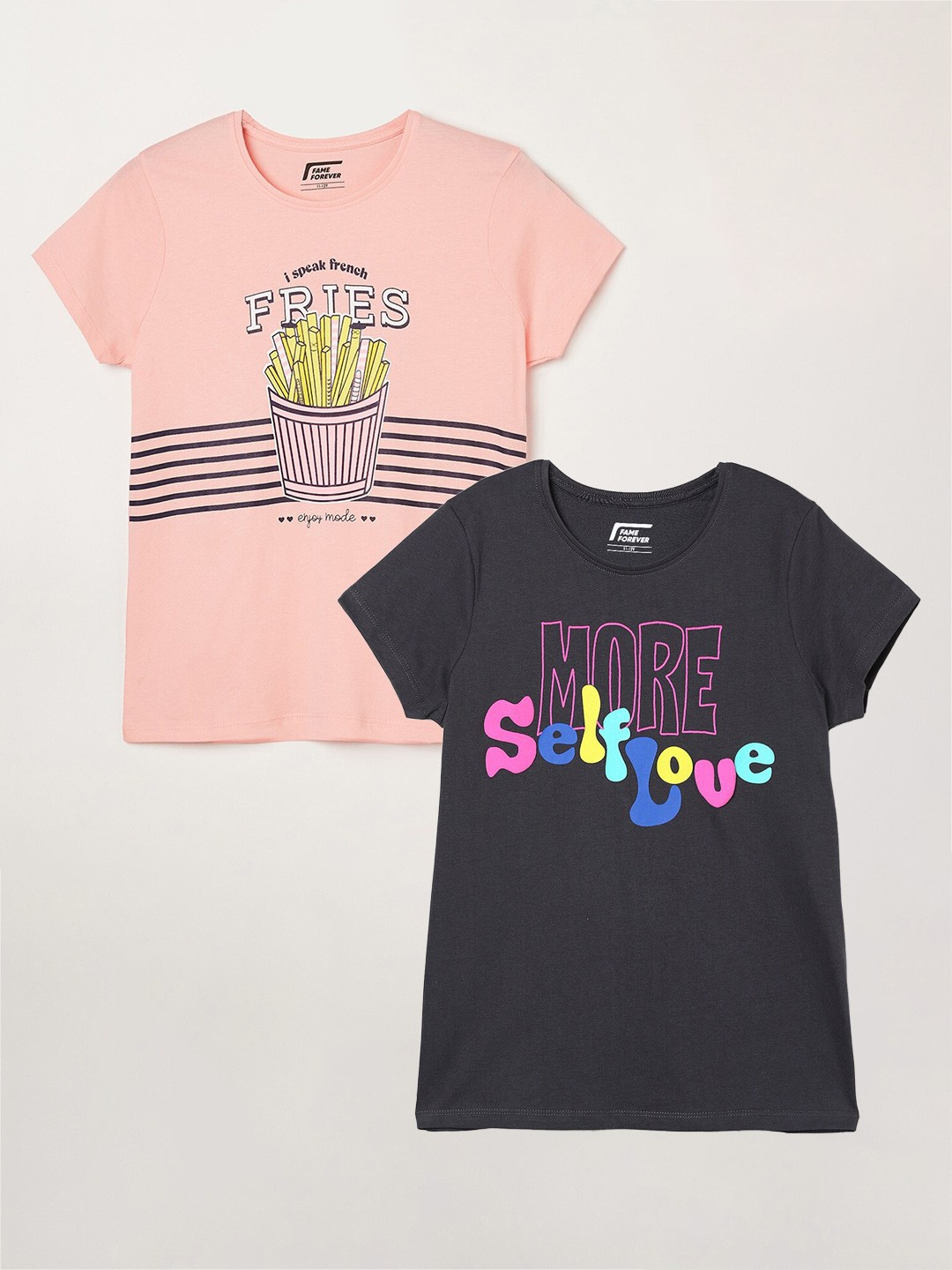 

Fame Forever by Lifestyle Girls Pack Of 2 Printed Cotton T-Shirts, Grey