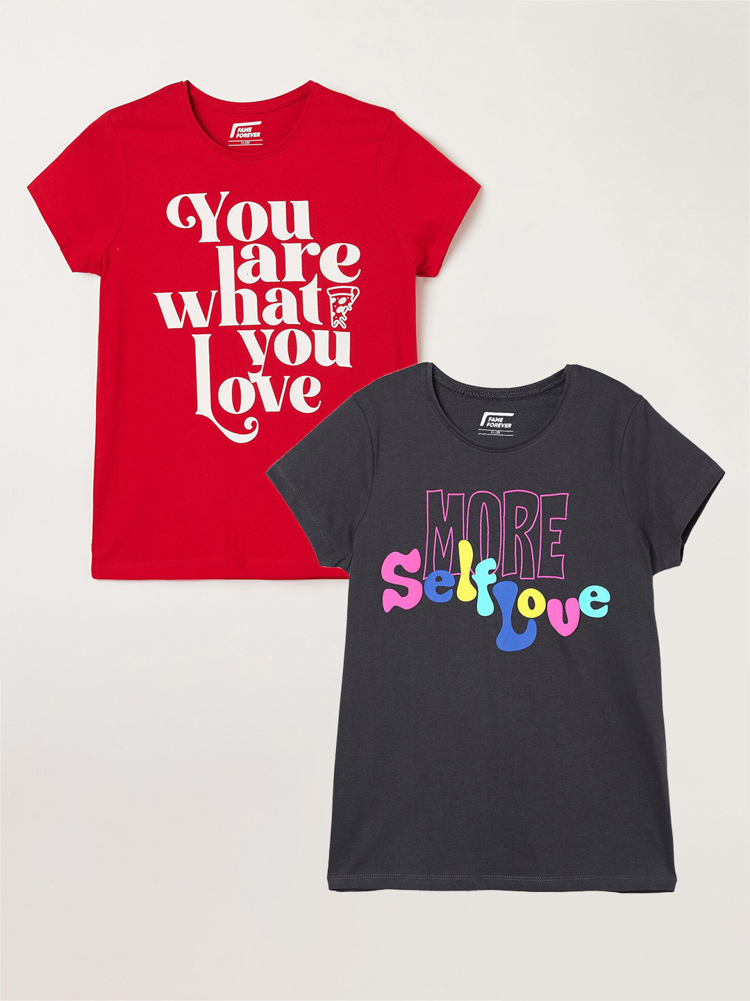 

Fame Forever by Lifestyle Girls Pack Of 2 Typography Printed Cotton T-Shirts, Grey